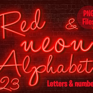 Alfabeto de neón rojo: letras y números cursivos de neón rojo, archivos PNG de fuentes de neón: descarga instantánea