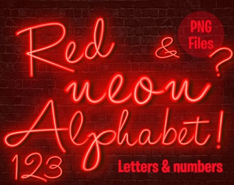 May include: Red neon alphabet letters and numbers in a script font, with an ampersand and question mark. The text is illuminated against a dark red brick wall background. The words "PNG Files" are also visible.