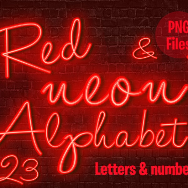 Red Neon Alphabet - Red Neon Cursive Letters and Numbers, Neon Font PNG files - Instant Download