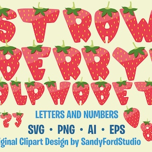Clipart alphabet aux fraises, lettres de fruits, chiffres et glyphes, fichiers svg, png, eps et ai aux fraises. Téléchargement instantané