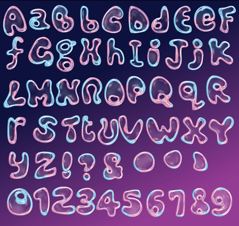 Gel Lettering Y2K Bubble Alphabet PNG Bundle, 3D Holographic Slime Letters ...