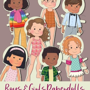 Druckbares Papierpuppen Kit, verschiedene Kinder, saisonale Kleidung: Handwerk Aktivität für Mädchen und Jungen, Geburtstag Gastgeschenk, Homeschool, Montessori Bild 1