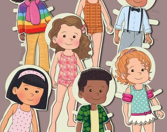 Printable Paper Dolls Kit, Diverse Kids, Seasonal Clothing: Craft Activity for Girls & Boys, Birthday Party Favor, Homeschool, Montessori
