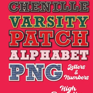 May include: A red background displays text in various styles. The words "CHENILLE VARSITY PATCH ALPHABET PNG" are prominent. Additional text reads "Letters & Numbers" and "High Resolution". The letters have a textured appearance, with contrasting colors.