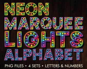 Neon Marquee Lights Alphabet: Colorful PNG Font (Instant Download)