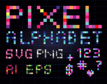 Pixel Alphabet - full alphabet and numbers in seven colors - SVG files for Cricut, PNG, eps, ai - Instant Download