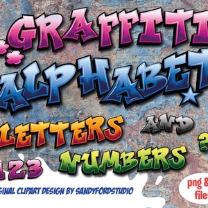 Graffiti Clipart Alphabet Letters numbers Pink, blue, orange, green, white 200 files PNG vector files digital paper image 1