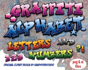 Graffiti Clipart Alphabet: Bunte Buchstaben & Zahlen (PNG Sofort Download)