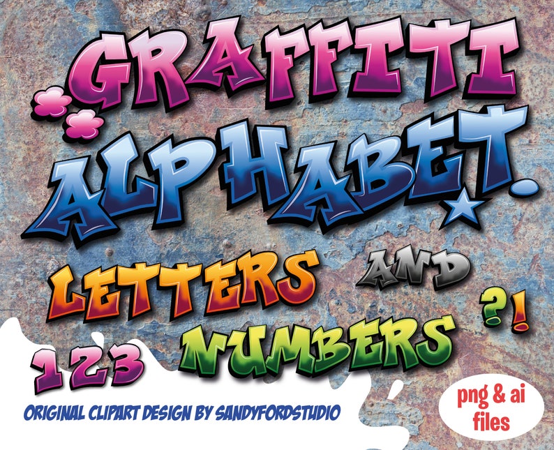 Graffiti Clipart Alphabet Letters numbers Pink, blue, orange, green, white 200 files PNG vector files digital paper image 1