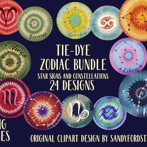 Tie-dye Zodiac Constelaciones y signos estelares archivos PNG - Astrología Clipart - 24 diseños - Descarga instantánea