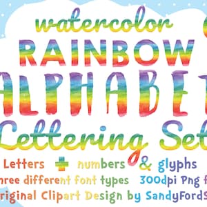 Alfabeto de arco iris de acuarela - alfabeto completo, números y glifos - 3 tipos de fuentes diferentes - archivos png - Descarga instantánea