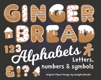 Puede incluir: Conjunto de clipart de alfabeto de pan de jengibre con letras, números y símbolos. Las letras están decoradas con glaseado blanco y chispas rojas. Los números son marrones con glaseado blanco. Los símbolos incluyen una casa de pan de jengibre, un hombre de pan de jengibre, un árbol de Navidad, una ampersand, un signo de exclamación y un signo de interrogación.
