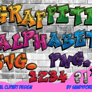 グラフィティ クリップアート アルファベット SVG PNG - 赤、青、緑、ピンク、黄色、オレンジ、紫、灰色の 8 つのアルファベットと数字