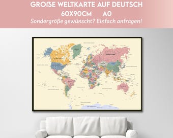German Language World Map Poster: Boho Colors, Printable Atlas (Digital Download A0/60x90cm JPEG & PDF)