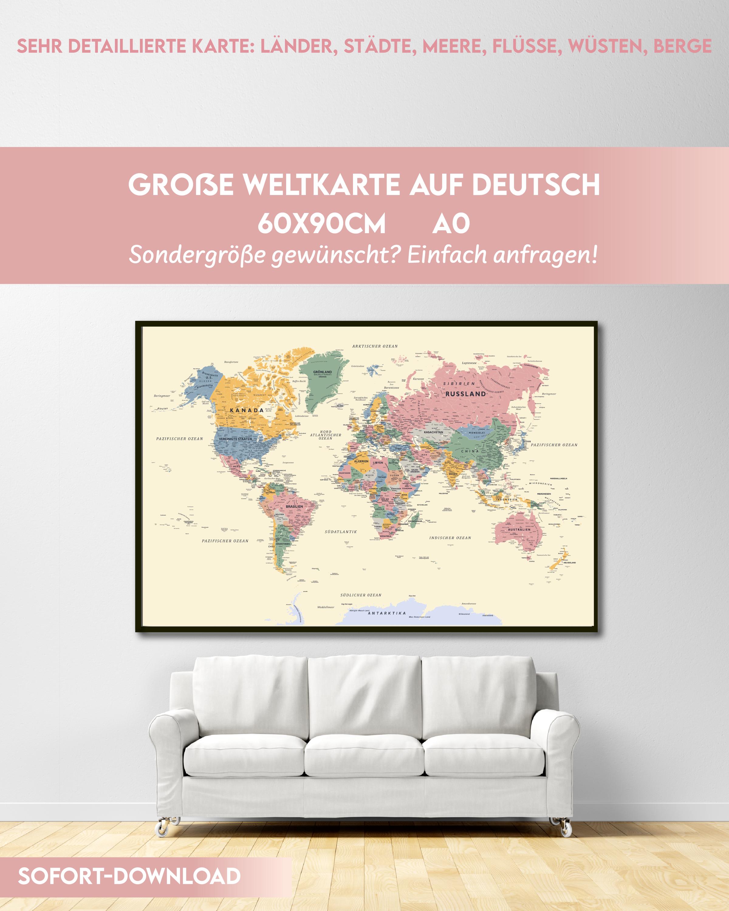 ドイツ語版世界地図ポスター：ボヘミアンカラー、印刷可能な地図帳 