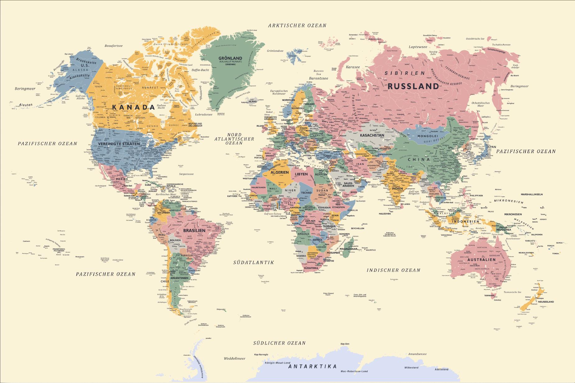 ドイツ語版世界地図ポスター：ボヘミアンカラー、印刷可能な地図帳 