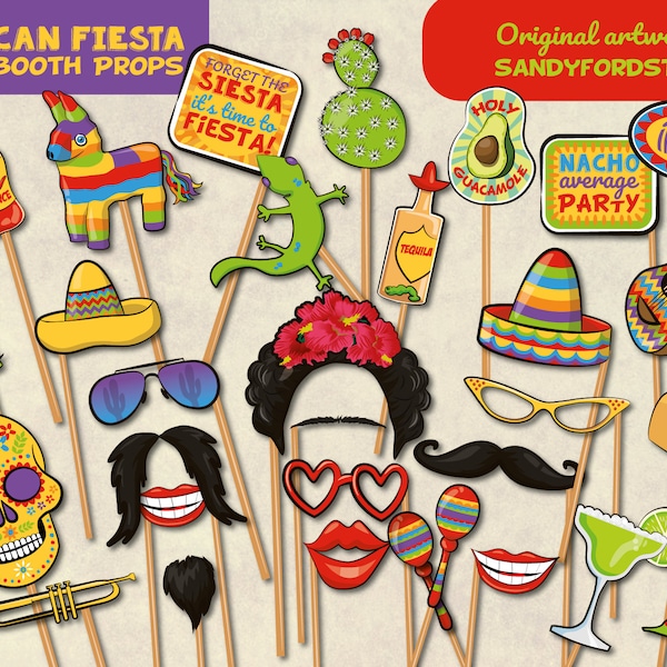 Mexican Fiesta Photobooth Props -  29 piece set - Instant Download