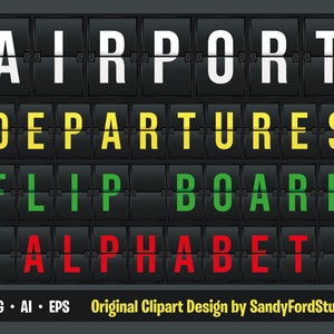 空港出発フリップボードアルファベット - 出発ボードフォント - 旅行文字、数字、グリフ - 6色のアルファベット - PNG、AI、epsファイル