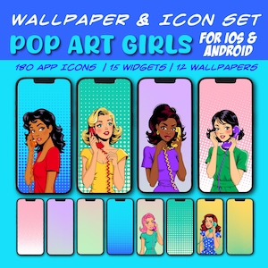 May include: A digital art set featuring pop art girls on smartphones. The image includes 180 app icons, 15 widgets, and 12 wallpapers. The phones display women in various outfits, holding retro phones, with colorful backgrounds.