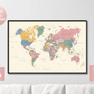 Boho Colors World Map Print, Digital World Map Poster, Download World Map with countries, Dorm Decor Wall, Printable Travel