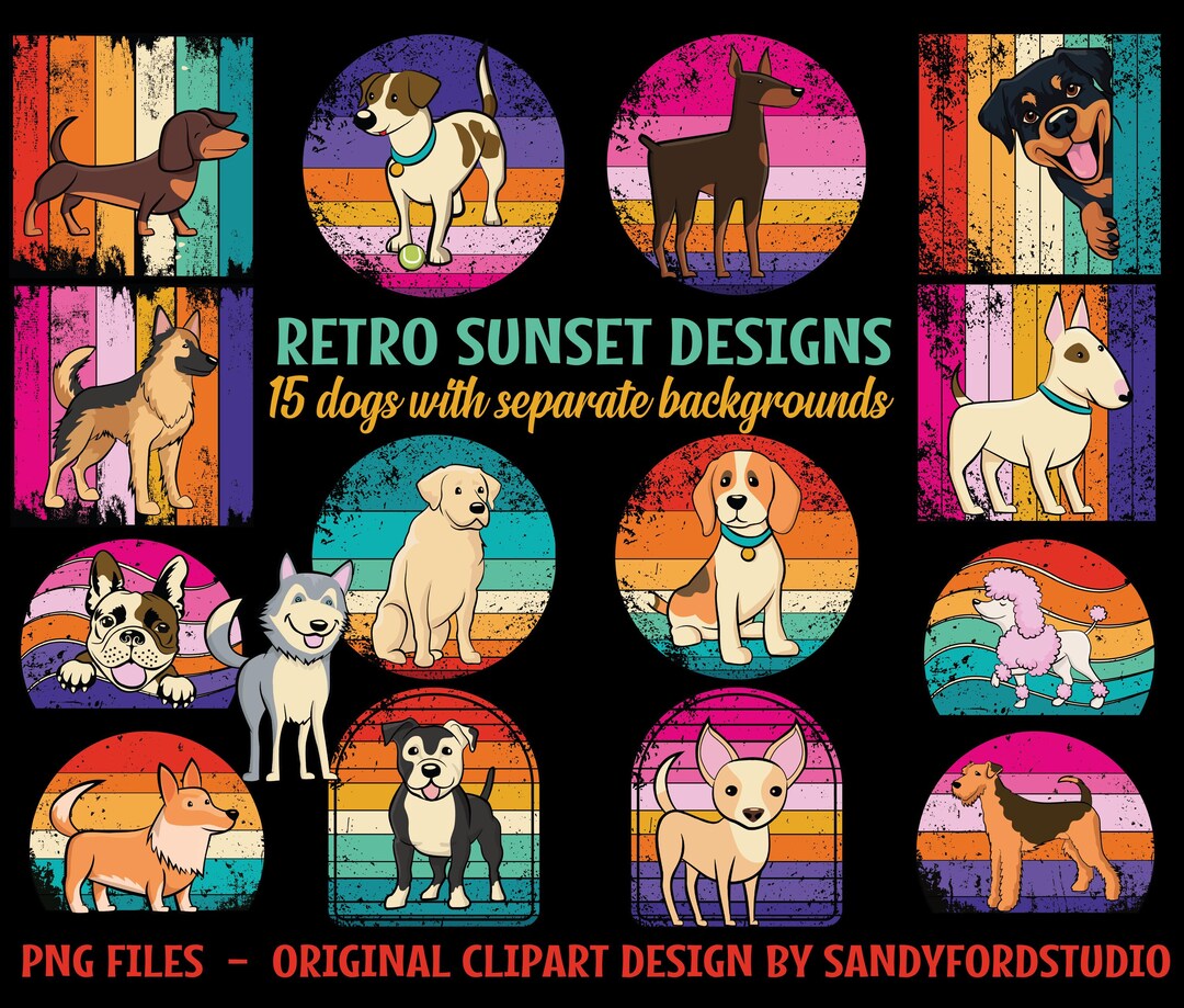 Retro Sunset Dog Clipart: PNG Files for T-shirt Designs - Etsy