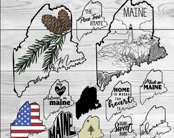 Maine SVG Bundle – 12 Hand Drawn State Outlines, Flag, Flower, Landscape svg png ai eps dxf, Shirt Design Clipart for Cricut & Silhouette