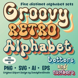 レトロなグルーヴィーなフォントアルファベット、ビンテージフォントSVG PNG eps ai - 文字と数字 - 5つの異なる完全なセット - 即時ダウンロード