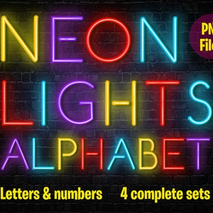 Neon Lights Alphabet - Neon letters and numbers - red, yellow, purple, light blue - Neon font - Neon PNG files - Instant Download