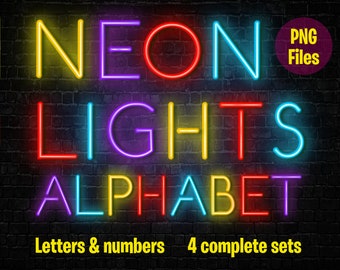 Neon Lights Alphabet: Colorful PNG Letters and Numbers  (Instant Download)