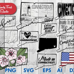 May include: A collection of Connecticut-themed designs in various styles. The designs include the state outline with text such as "Connecticut", "Home", "Home Sweet Home", and "Made in Connecticut". Also includes a state flag and floral design.