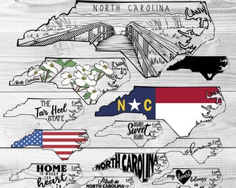 North Carolina SVG Bundle – Hand Drawn State Outlines, Flag, Flower, Landscape svg png ai eps dxf, Shirt Design for Cricut & Silhouette