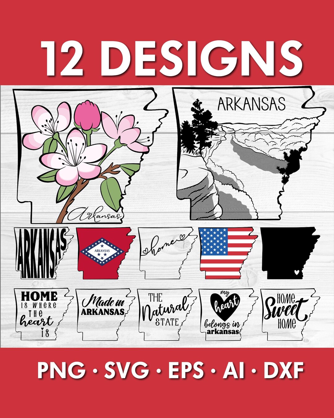 Arkansas SVG Bundle – Hand Drawn State Outline, Flag, Flower, Landscape ...