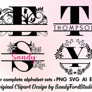 May include: Four black and white monogram designs with floral accents. The letters are L, S, T, and Y. The name "Sandy" is written in a script font below the letter S. The name "Thompson" is written below the letter T. The text "Four complete alphabet sets. PNG SVG AI EPS Original Clipart Design by SandyFordStudio" is at the bottom of the image.