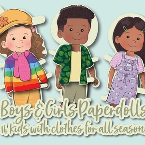 K&ouml;nnte beinhalten: Drei Papierpuppen, eine mit einem Regenbogenpullover, eine mit einem gr&uuml;n-gelben Hemd und eine mit einem lila Kleid. Alle Puppen l&auml;cheln und haben braunes Haar. Der Text unter den Puppen lautet "Boys & Girls Paperdolls 14 kids with clothes for all seasons".