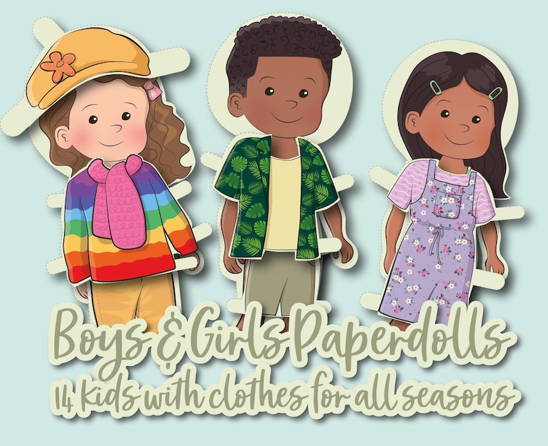 K&ouml;nnte beinhalten: Drei Papierpuppen, eine mit einem Regenbogenpullover, eine mit einem gr&uuml;n-gelben Hemd und eine mit einem lila Kleid. Alle Puppen l&auml;cheln und haben braunes Haar. Der Text unter den Puppen lautet "Boys & Girls Paperdolls 14 kids with clothes for all seasons".