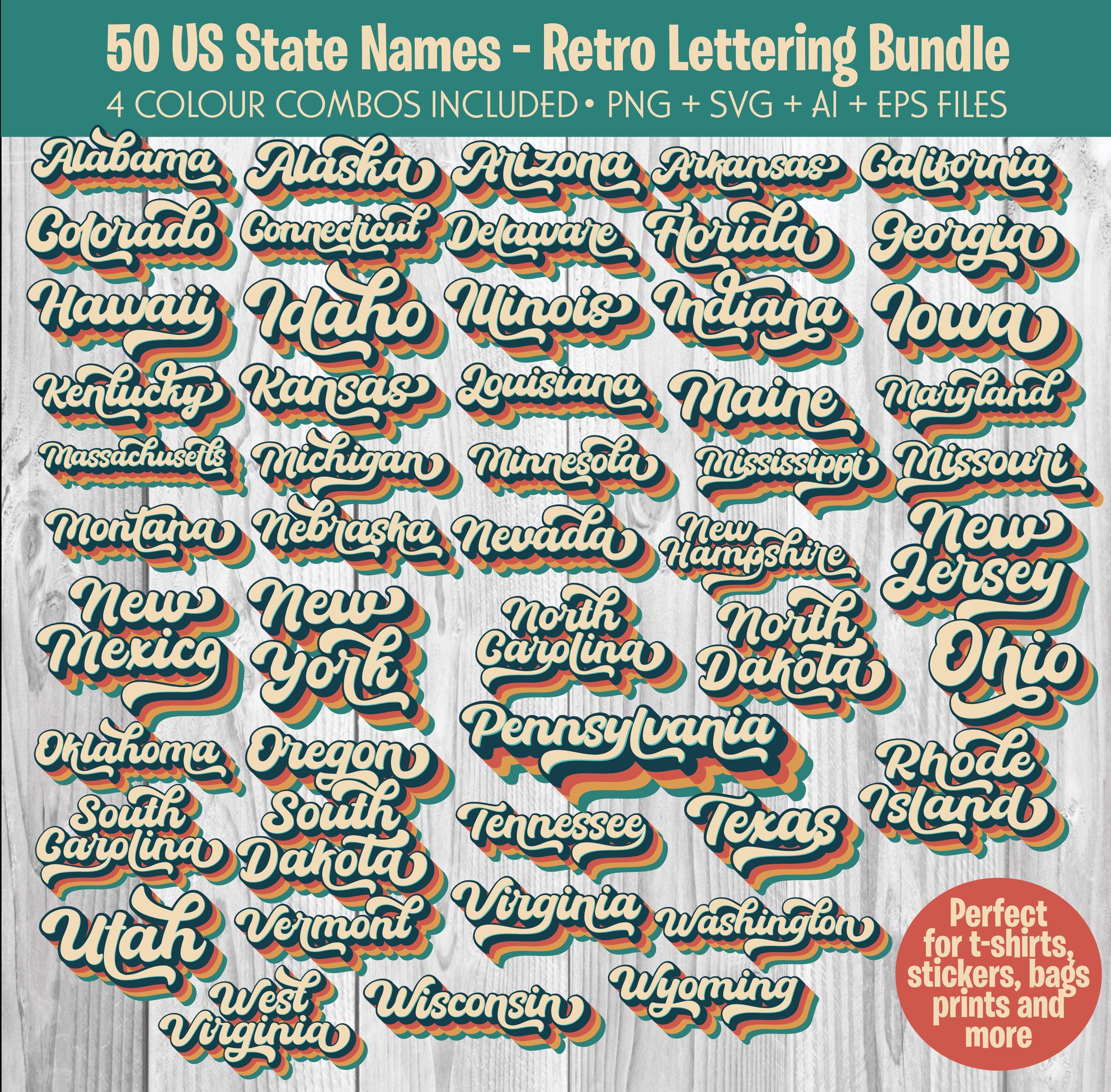 State Lettering Drawing US State Names SVG Bundle: Retro Lettering Designs (digital Download ...