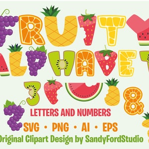 Fruity Alphabet Clipart, letras de frutas SVG, PNG, eps, archivos ai - Sandía, Limón, Naranja, Kiwi, Piña Fresa, Fuentes de fruta de uva