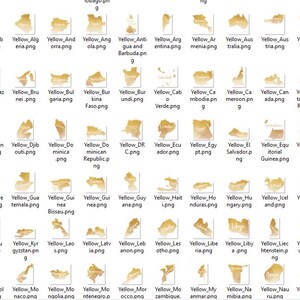 Pu&ograve; includere: Una collezione di 100 illustrazioni ad acquerello di paesi di tutto il mondo. Ogni paese &egrave; rappresentato in uno schema di colori giallo e oro, con una forma e un design unici. Le illustrazioni sono perfette per l'uso nello scrapbooking, nella creazione di biglietti e in altri progetti creativi.