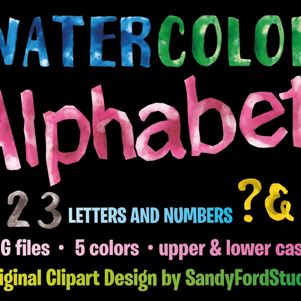 Watercolor Alphabet - Letters and numbers - Blue, pink, green, yellow, black - upper and lowercases - 325 png files - Instant Download