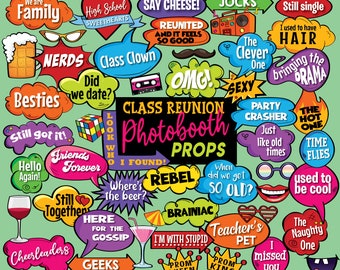 Class Reunion Photobooth Props – 48-Piece Set for Memorable Selfies (Instant Download)