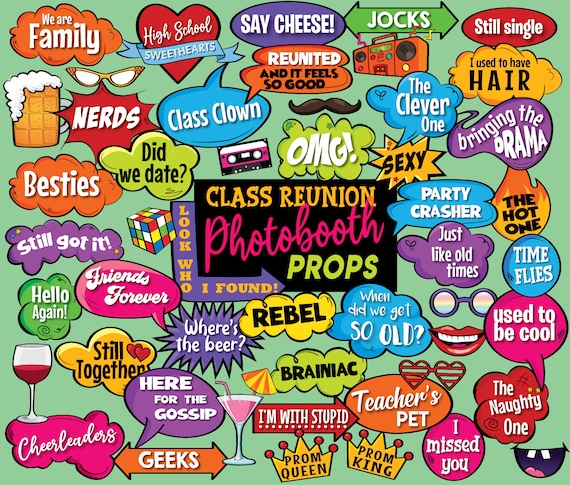 Class Reunion Photobooth Props – 48-Piece Set for Memorable Selfies (Instant Download)