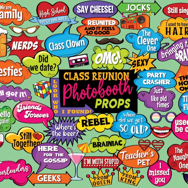 Class Reunion Photobooth Props, High School Reunion Selfie Props, Class Reunion Photobooth Selfies,  48 piece set - Instant Download