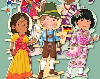 Verschiedene Jungen und Mädchen Druckbare Papierpuppen Kit, multikulturelle Weltkulturen Kinder Basteln, Geographie Aktivität für Homeschool, Montessori
