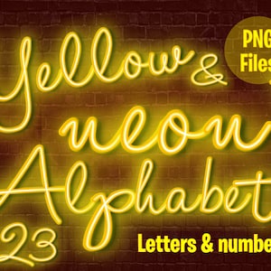 Alfabeto Neon Amarelo - Letras e Números Cursivos Neon Amarelos, Arquivos PNG de Fonte Neon - Download Instantâneo