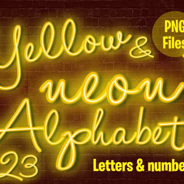 Yellow Neon Alphabet - Yellow Neon Cursive Letters and Numbers, Neon Font PNG files - Instant Download