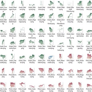 Pu&ograve; includere: Una collezione di mappe di paesi di tutto il mondo in verde e rosa. Ogni mappa &egrave; delineata in bianco e ha un gradiente di colore da scuro a chiaro. Le mappe sono disposte in righe e colonne.