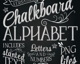 Alphabet pour tableau - kit de lettrage à la craie orné - lettres et chiffres de police pour tableau noir et fioritures - fichiers png + papier numérique