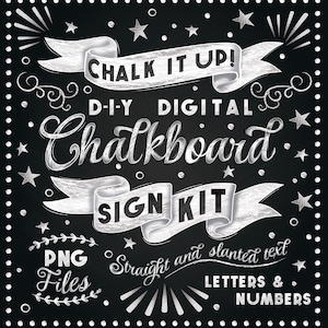 DIY Digitales Chalkboard Schild Set - Chalkboard Alphabet - Verzierte Chalk Lettering - Buchstaben, Zahlen und Schnörkel - png Dateien + digitales Papier