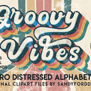 Alfabeto retrô com textura desgastada, fonte vintage Groovy, arquivos PNG - letras, números e 3 fundos digitais - download instantâneo
