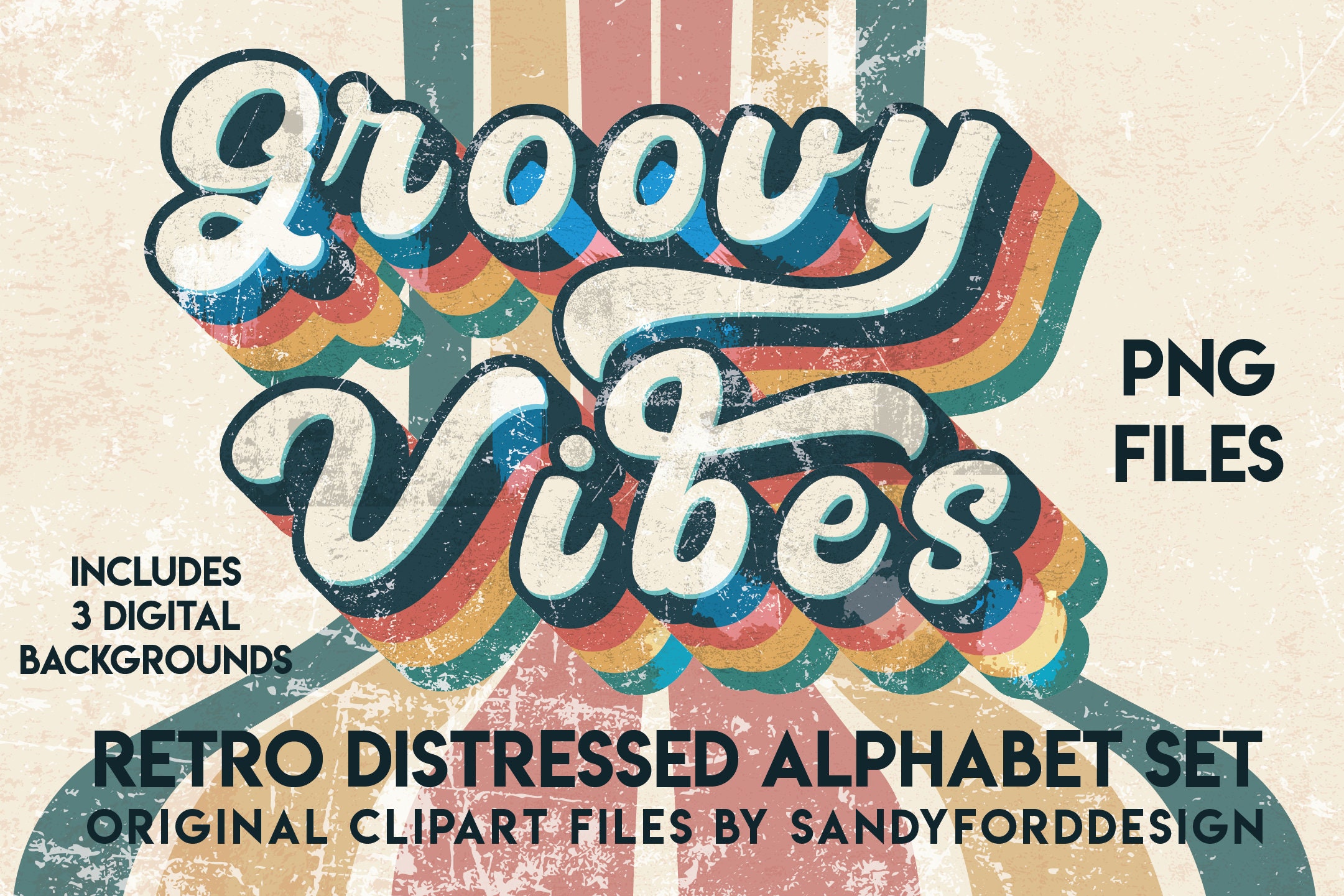 Retro Distressed Alphabet: Groovy Font PNG (Digital Download)